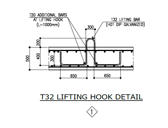 Lifting hook detail for a precast block with additional reinforcement at the lifting hook.
