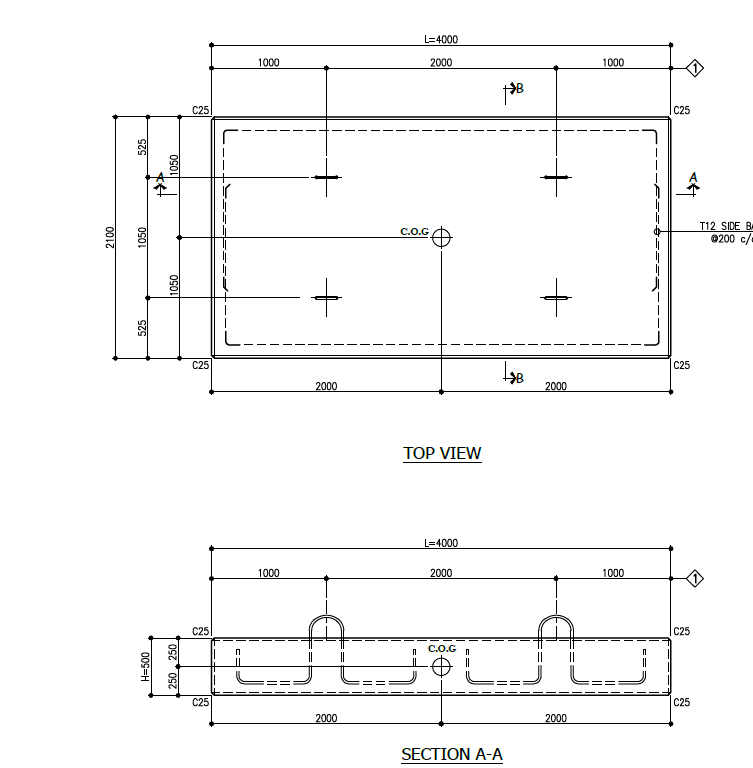 Precast block top view and section with lifting loops and reinforcement.