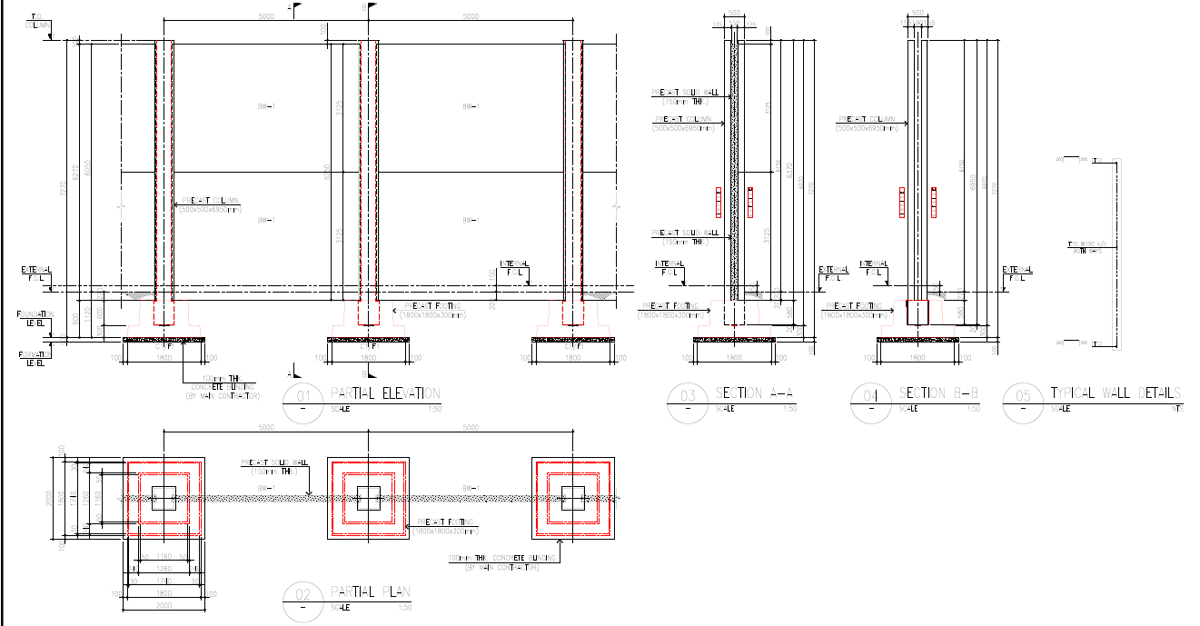 Precast boundary wall general arrangement: partial elevation, plan, cross-sections, and typical precast column and footing details with dimensions.