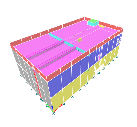 3D structural model of a precast concrete building frame with wall panels and roof.