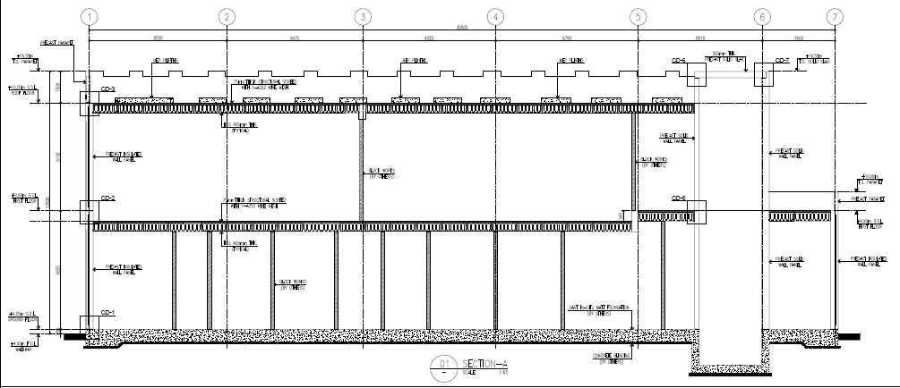 Section through a precast building showing wall panels, ribbed roof units and columns on a structural grid.