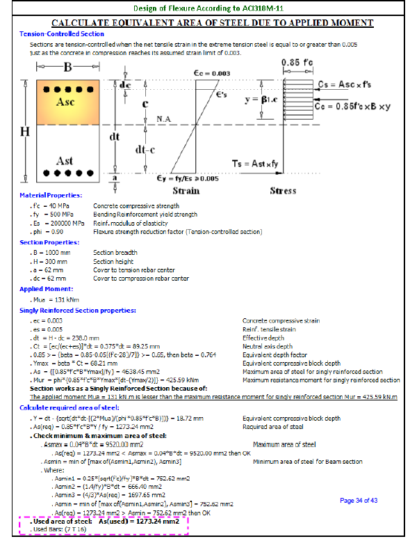 Flexural design calculation for a precast cover slab to ACI 318: equivalent area of steel for the applied moment on a tension-controlled section.