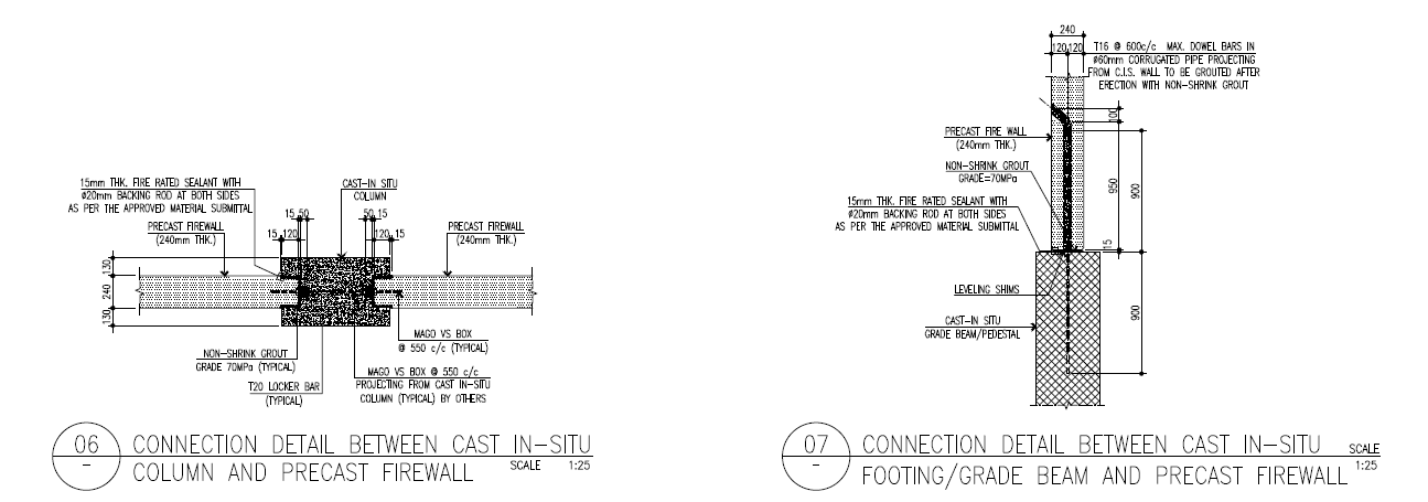Connection details of a precast firewall to the cast-in-situ column and to the footing or grade beam, with non-shrink grout and dowel bars.