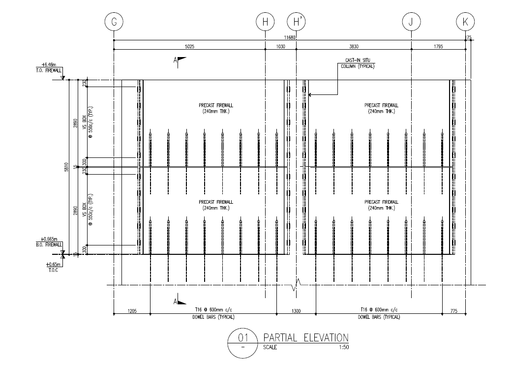 Partial elevation of a precast firewall: 240 mm thick panels spanning between cast-in-situ columns with dowel bars.