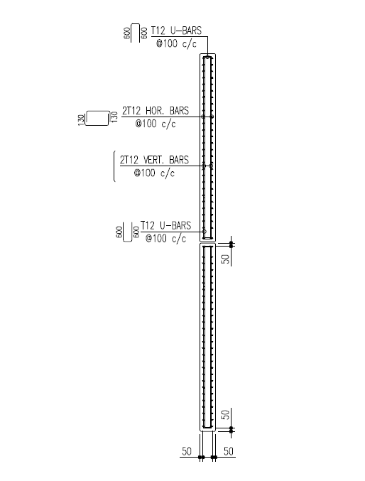 Reinforcement detail of a precast firewall panel showing vertical and horizontal bars and U-bars.