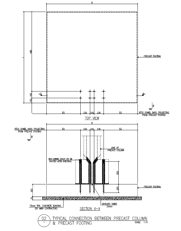 Typical precast column to precast footing connection detail: dowel bars, non-shrink grout and levelling shims.