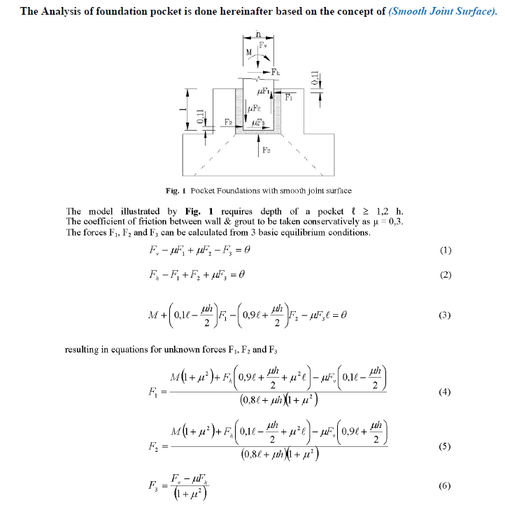 Pocket (socket) foundation force model: applied axial load, shear and moment resolved into wall bearing forces F1, F2 and F3 with friction.