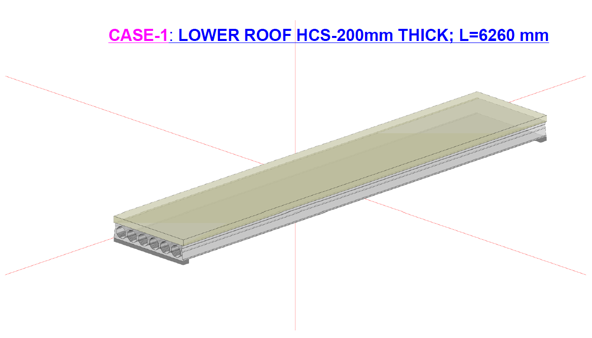 3D model of a 200 mm thick precast hollow core slab spanning 6.26 m on a supporting beam.