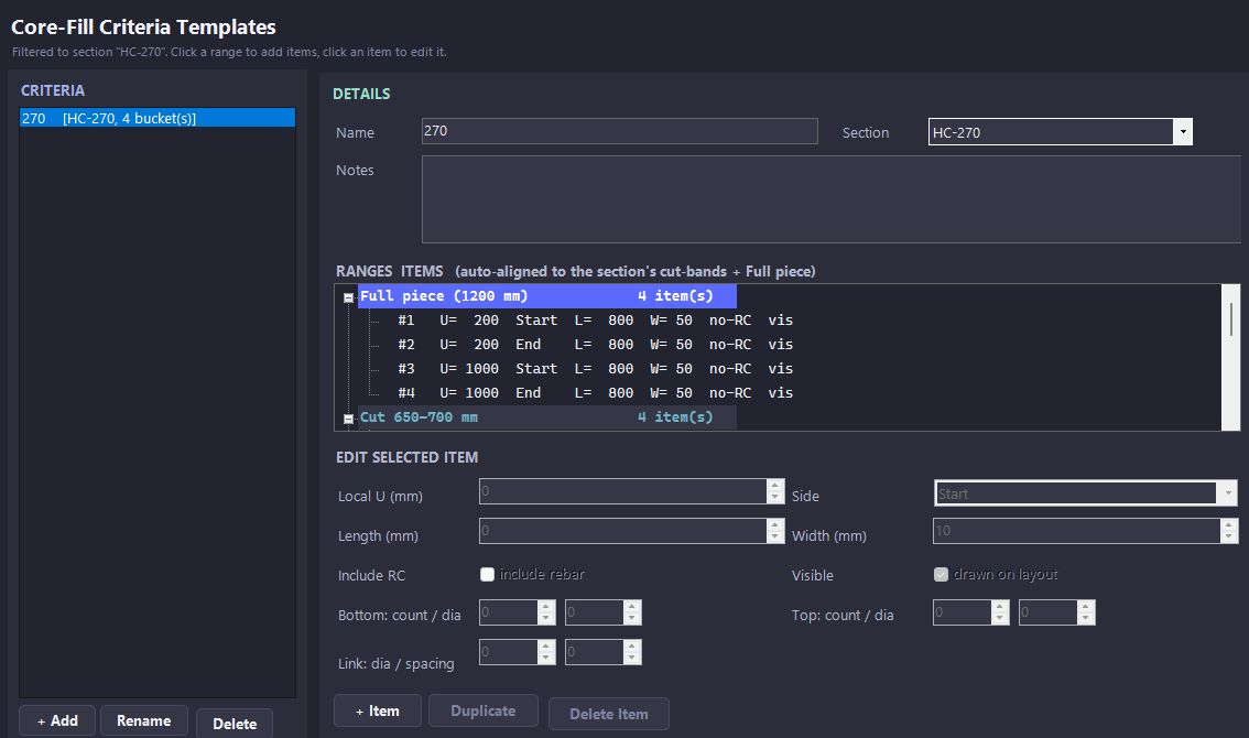 Core-Fill Criteria Templates — section-keyed reinforcement rules with per-range buckets, applied to every layout automatically.