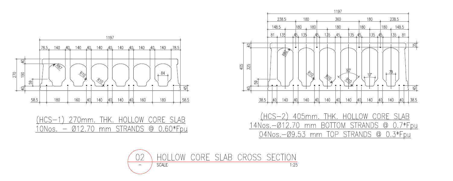 Precast hollow core slab cross-sections showing voids and prestressing strand layout.