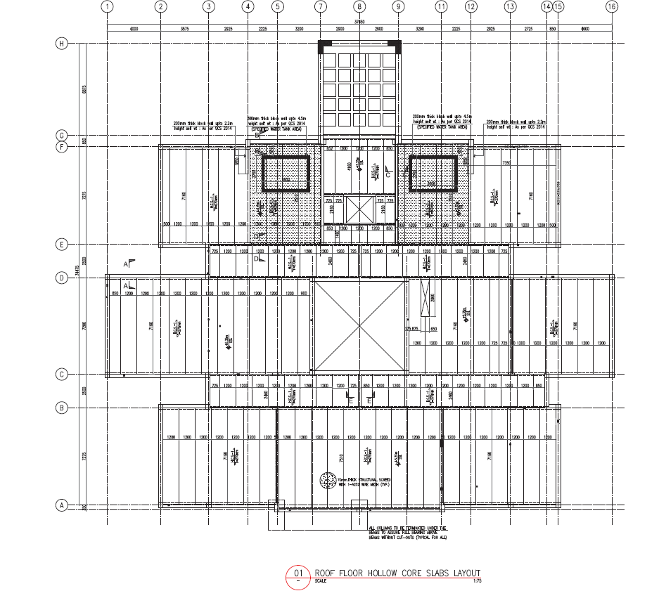 Precast hollow core slab floor layout plan showing slab runs, grid lines and openings with dimensions.