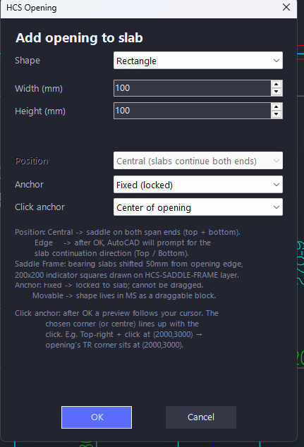 HollowCoreSlab opening dialog — shape, dimensions, anchor, and click-anchor options for placing rectangular and circular openings.