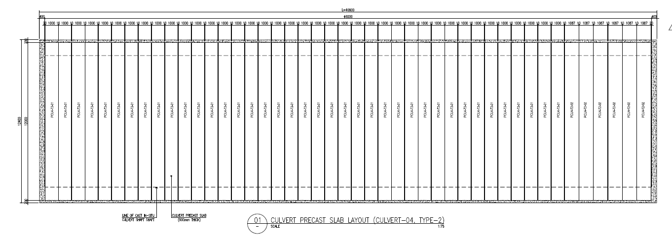Plan layout of precast culvert cover slabs showing the cast-in-situ shaft line, slab marks and dimensions.