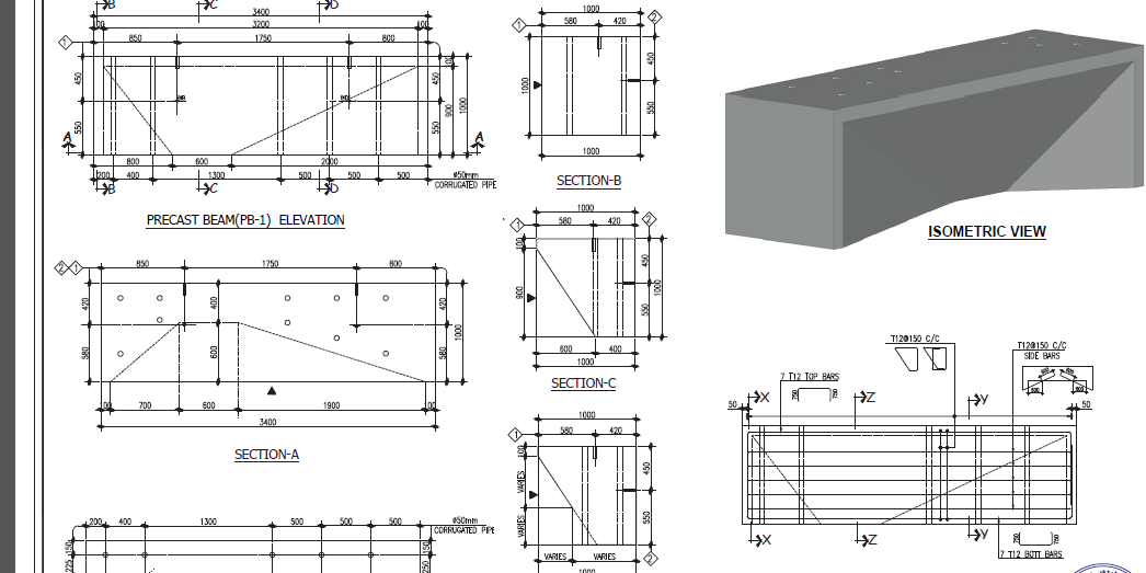 Precast pylon upper beam detail: elevation, sections, isometric view and reinforcement.