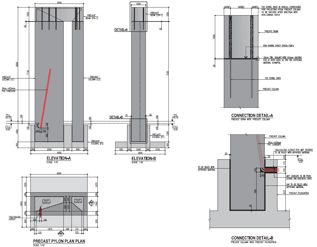 Precast pylon general arrangement: elevations, plan, and connection details for the beam-to-column and column-to-foundation joints.
