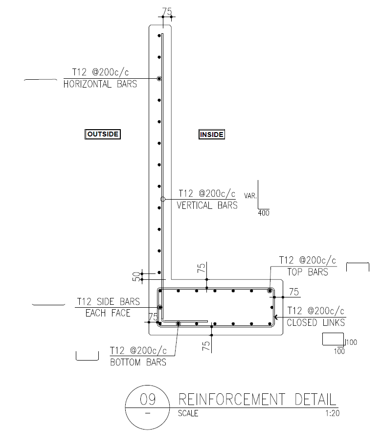 Reinforcement detail of a precast retaining wall: stem horizontal and vertical bars, base top and bottom bars, side bars and closed links.