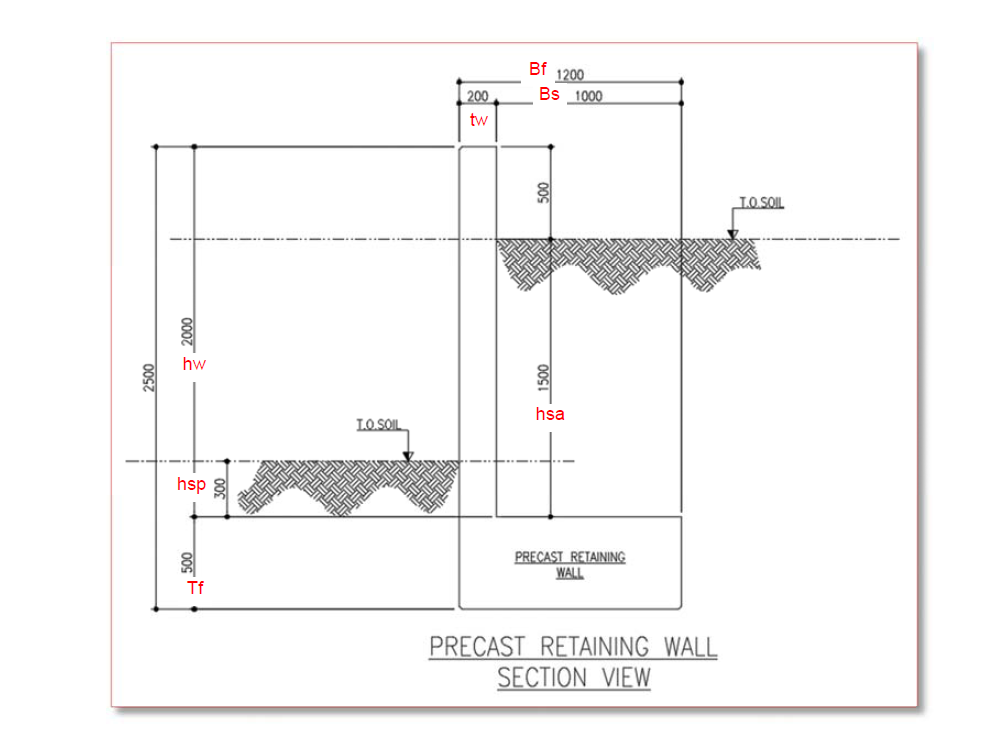 Section view of a precast retaining wall with stem, base and soil profile.